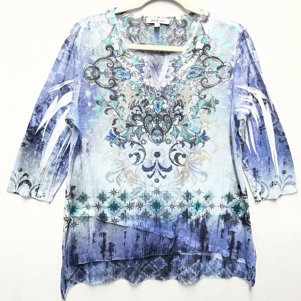 Jess & Jane Rhinestone‎ 3/4 Sleeve Top Womens Medium Artsy Art to Wear Eclectic